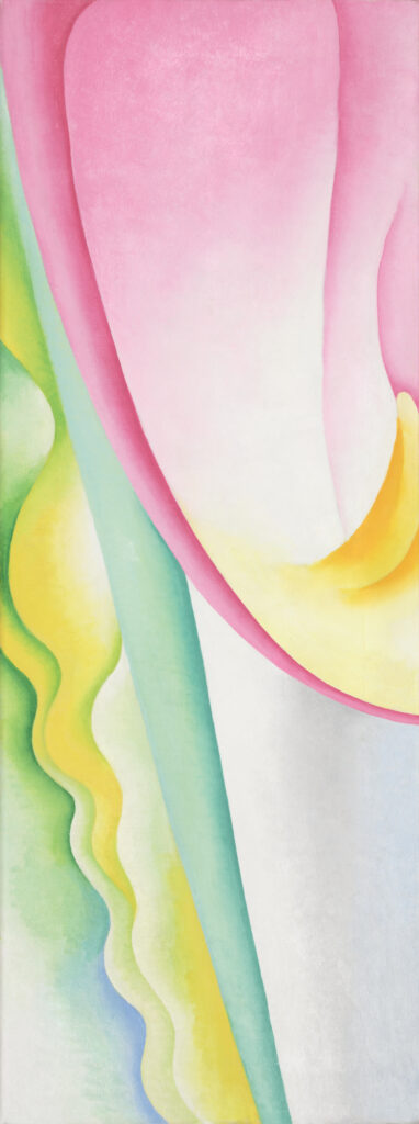 Oil on canvas. A close-up, abstracted view of a tulip's petals. A soft pink form arches from the center right to the top left of the composition. The bottom of this form fades from pink to white to yellow, echoing the color and shape of the center of a tulip. In the background of the image are rippling lines of bright yellow, white, and green along with strips of light green and white that extend diagonally from the bottom to the top left of the canvas.