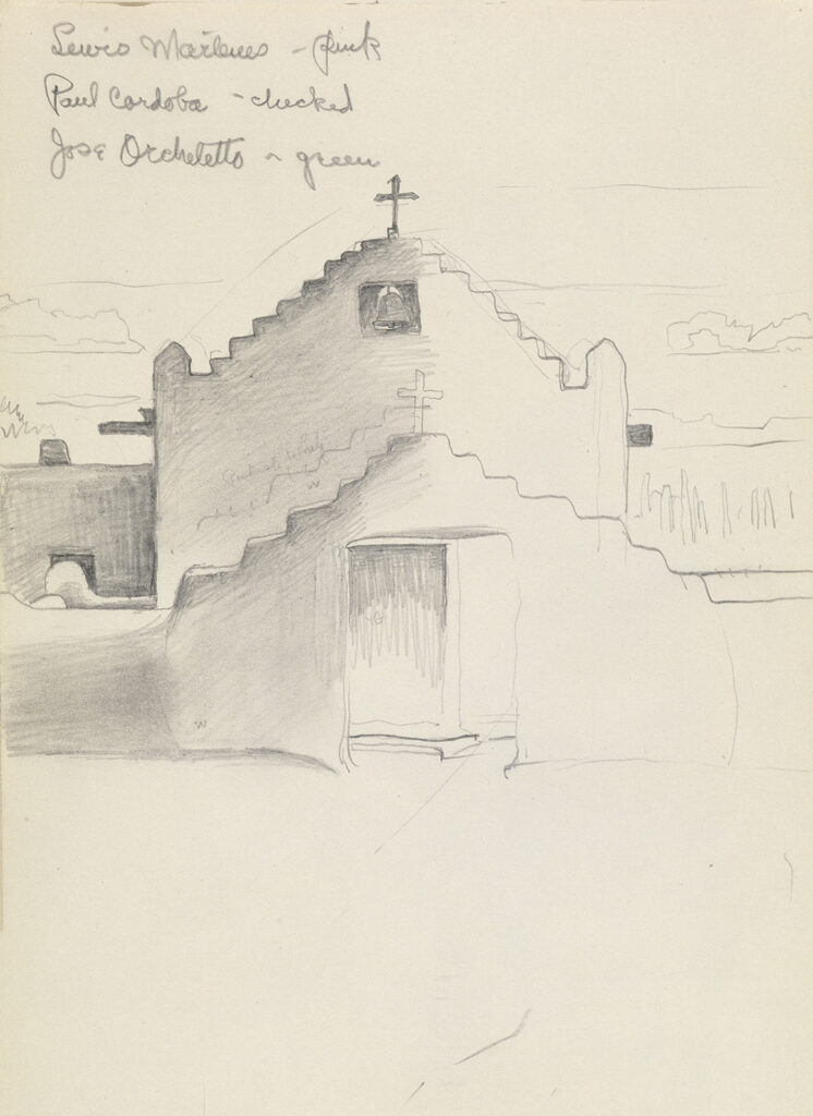 A sketch of a building, appears to be a church, with shading, and a cross on the peak. Three lines of handwriting are in the top left of the paper.