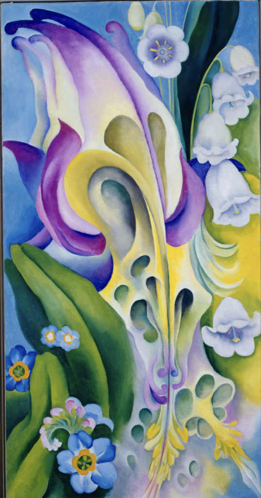 Abstracted painting of purple, white, and blue flowers in swirling details of blue violet, yellow, and green.