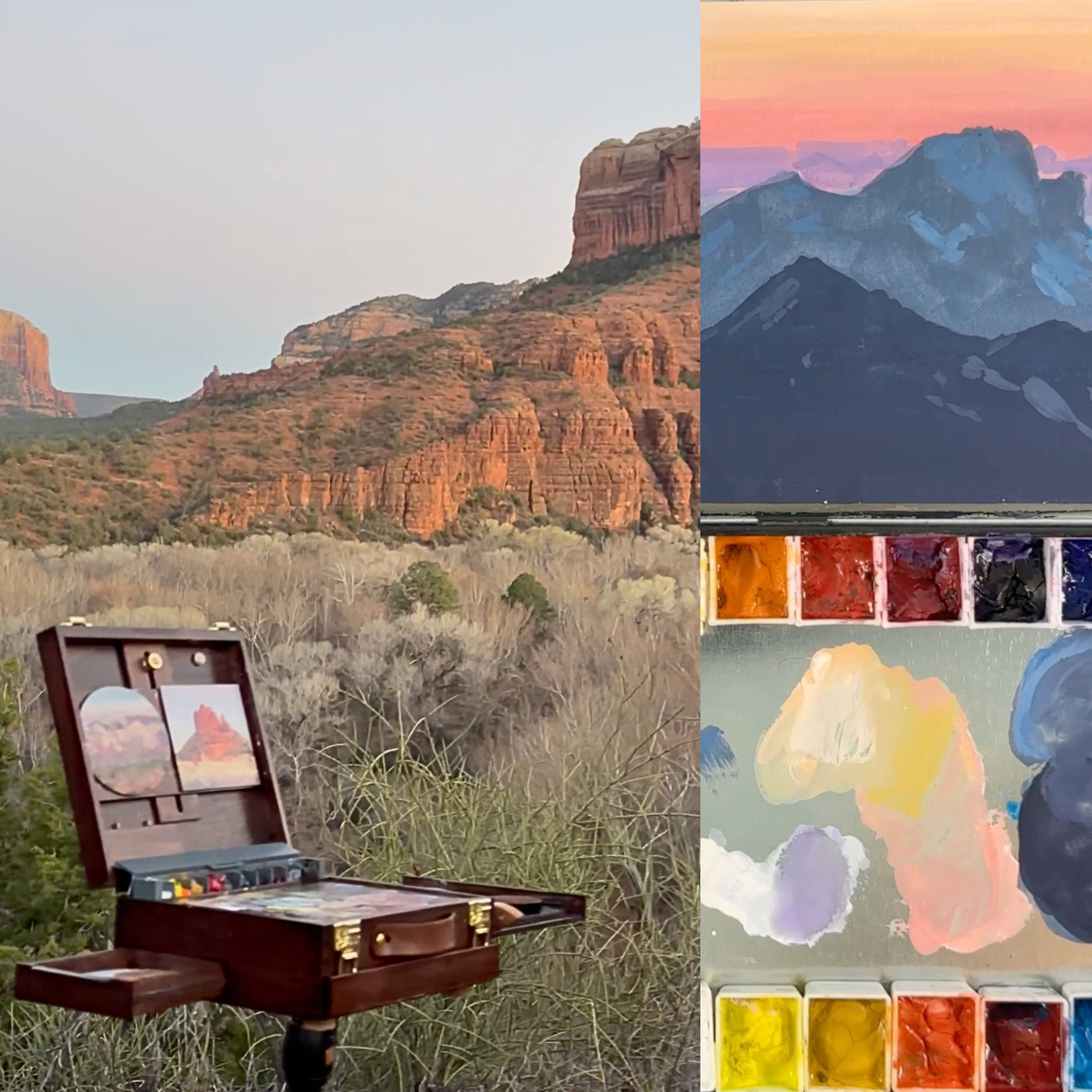 Left: a painter's palette and small easel in front of a desert landscape. Right: A painting of blue mountains with a small palette of paints below.