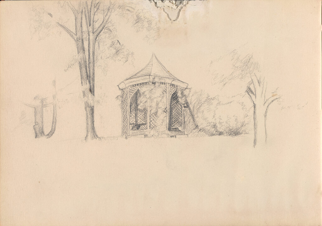 Sketch of a horizon line flanking a small building in the center of the paper are two trees.