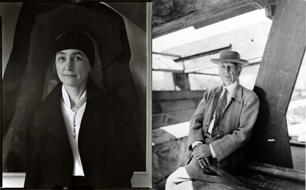 Left: Photograph of Georgia O'Keeffe with a dark scarf around her head, a dark jacket and light button-up shirt standing in front of one of her paintings and smiling slightly at the camera. Right: Portrait of Frank Lloyd Wright in a hat and jacket holding a drafting triangle as he leans against a column.