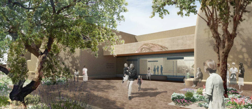 A rendering of an adobe building with large front doors and green trees in front. In the building exterior courtyard, people stand and sit.