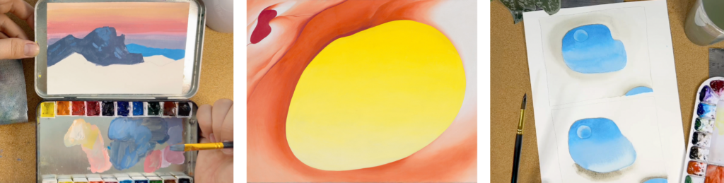 Three photograph from left to right: A person holding a paint brush over a small paint palette with an unfinished painting of mountains above; Georgia O'Keeffe's painting of a pelvis against a yellow sky in shades of red and orange; a small reproduction of O'Keeffe's painting of a white pelvis bone with the blue sky and a moon in the center.