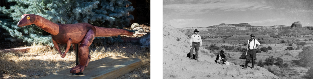 Left: An image of a small dinosaur on two legs made of wood in front of large evergreen trees. Right: A black and white photograph of three men standing on a hill in a desert landscape. 