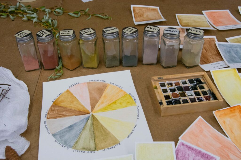 Photograph of several jars filled with powdered pigment in various shades on a table. Beneath is a piece of paper with a wheel of color in these shades and nearby is a small palette filled with watercolors.