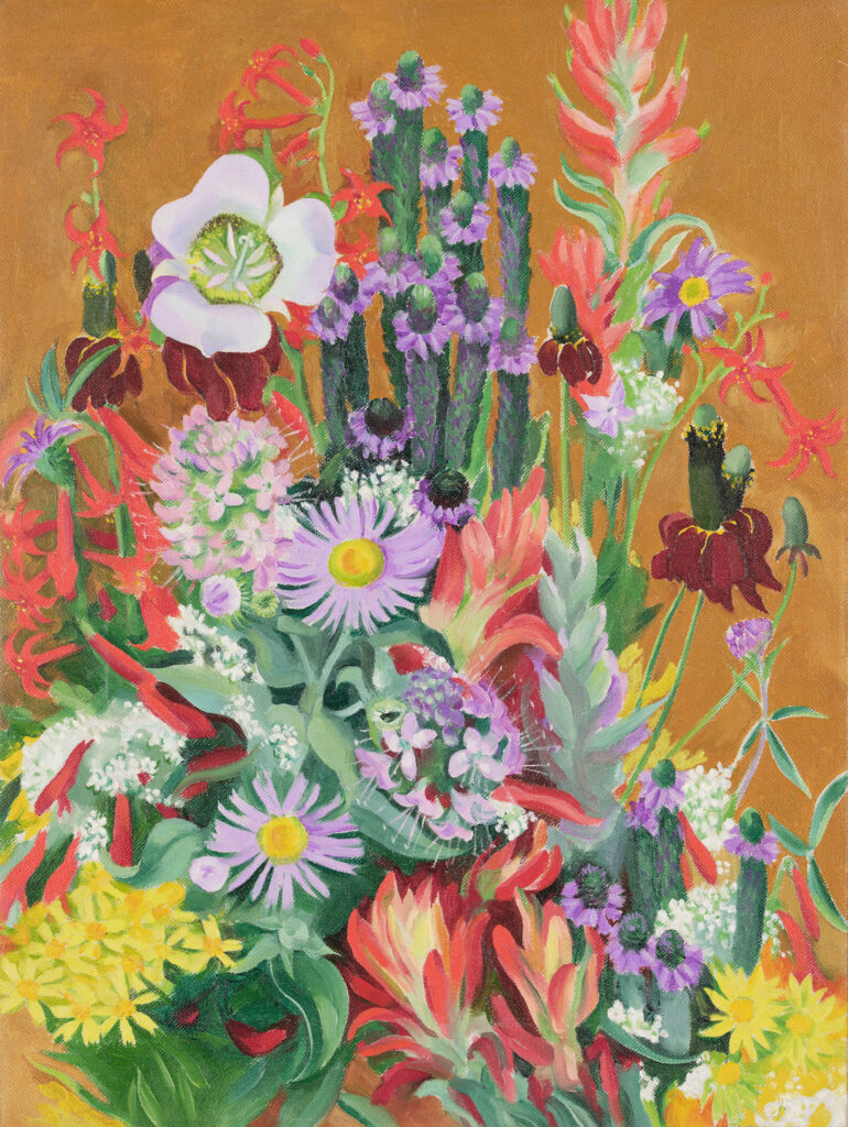 A canvas featuring a collection of colorful mountain wildflowers set a against a golden light brown background. The composition is composed of an assortment of flowers that includes a Mariposa-lily, lavender Aspen Daisies, trumpet shaped Western Scarlet Gilia, puffs of white yarrow nestled around orange Indian Paintbrush with clusters of lavender Sky Pilot flowers and yellow daisy-like Arrowleaf Balsamroot flowers.