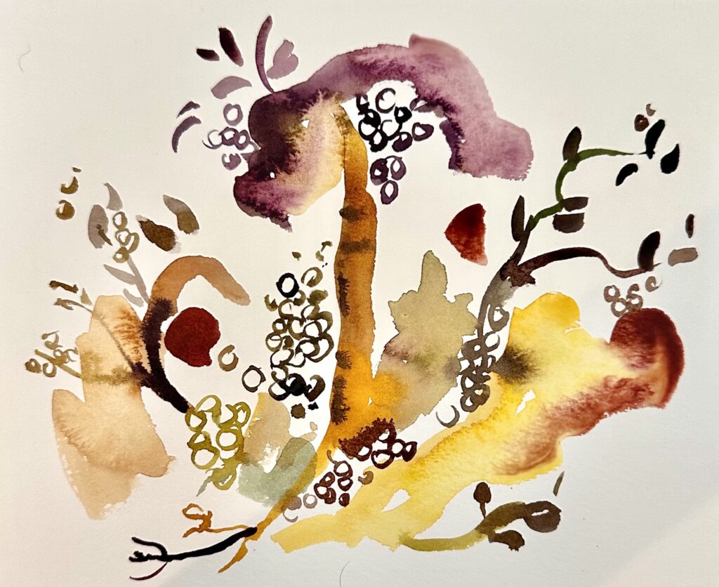 Natural shapes reminiscent of plants in watercolor in shades of yellow, purple, and green.