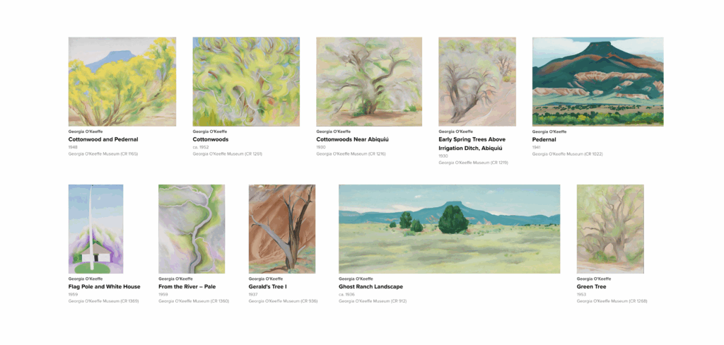 Screen capture of a website showcasing several paintings by Georgia O'Keeffe featuring shades of green.