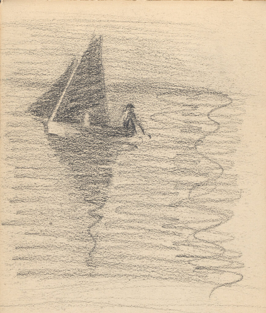 Sketch of a sailboat casting a shadow to the forefront of the image.