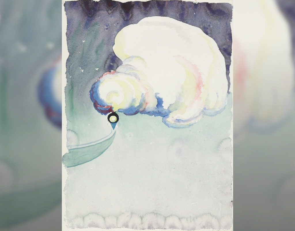 A semiabstract train denoted by a small blue teardrop form and yellow circle approaches from the distance. A track arches from the train to the left edge of the composition. Billowing smoke in shades of yellow and blue erupts from the train and fills the frame. Behind these forms is a plain background that fades from dark gray at the top of the composition to light gray at the bottom.