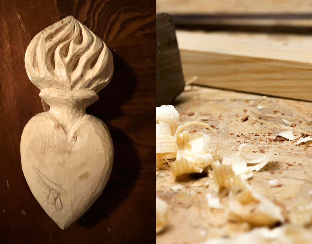 Left: A wooden corazon heart. Right: The wood chippings made from carving.