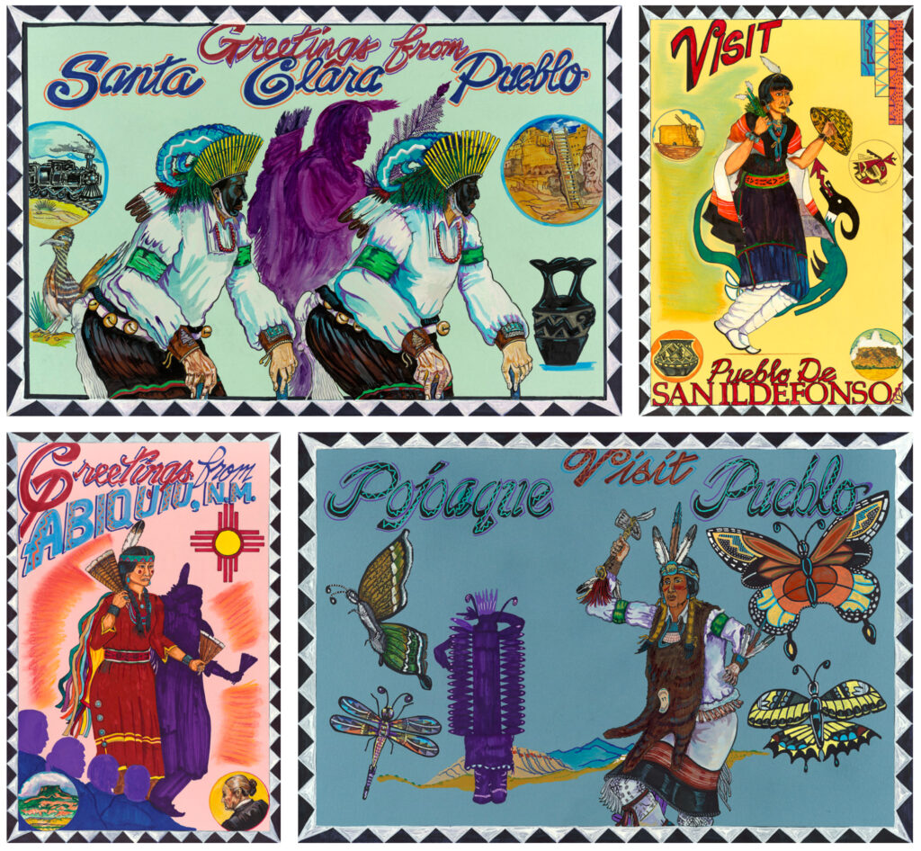 Four art pieces resembling postcards from various locations in Norther New Mexico with representations of indigenous dances, people in traditional dress, and symbols important to the various Pueblos represented.