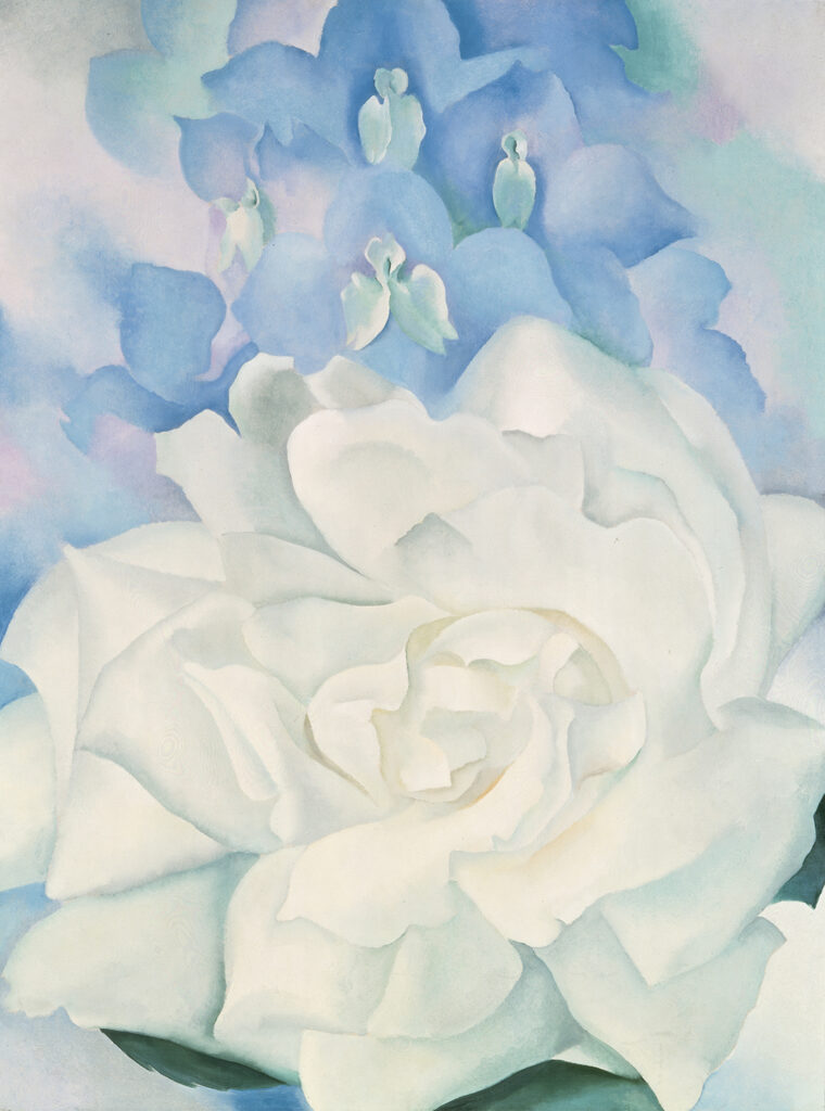 A white rose stretches across the bottom half of the composition. Above the rose, a cluster of delicate, light purple sweet peas rises toward the top of the canvas, their petals dissolving into the pastel purple, white, and pale green background.