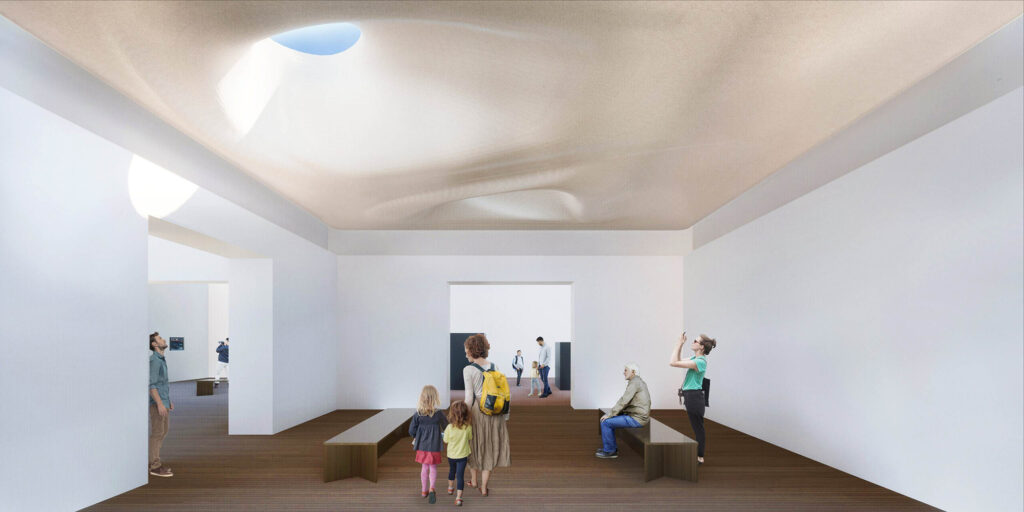 A rendering of a room with benches and a group of people standing or sitting. Above are skylights in circular shapes reminiscent of the holes in pelvis bones