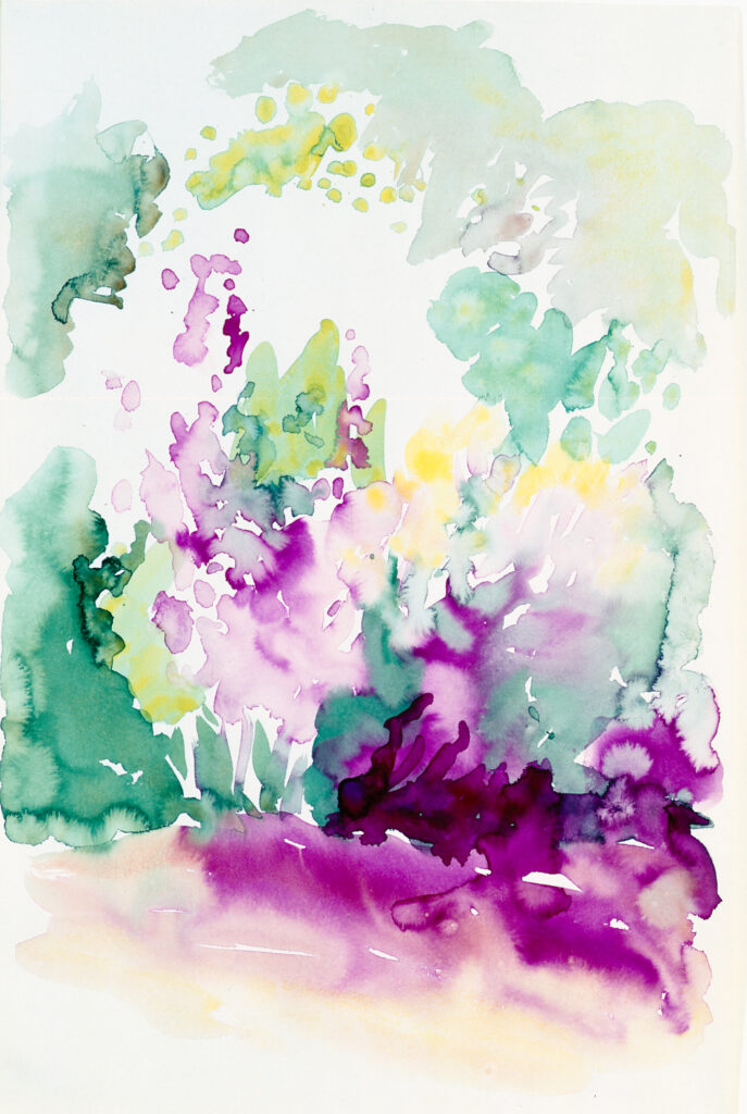 Abstract clusters of green, purple, and yellow brushstrokes expand across the composition. The colors and textures of the work evoke trees full of leaves and flowers springing from the ground.