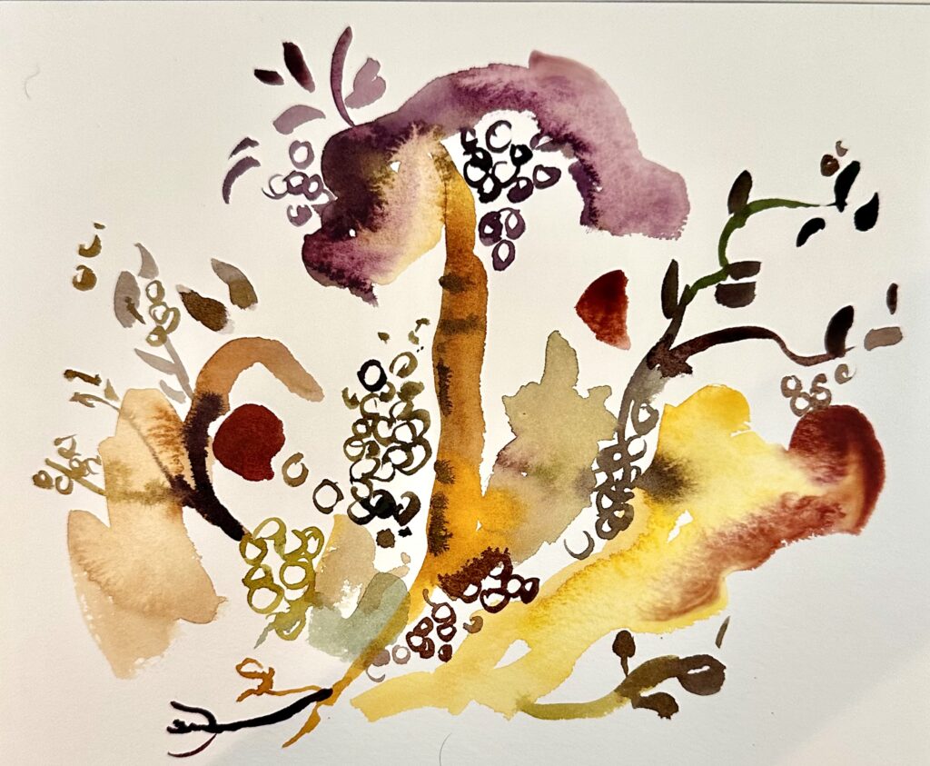 Abstract watercolor of botanical shapes like seaweed and plants in shades of orange, yellow, dark red, and brown.
