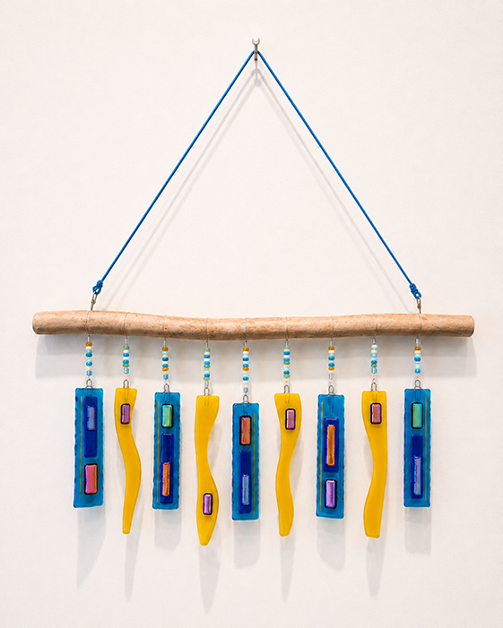A mobile art piece made of a piece of wood from which hang small pieces of glass.