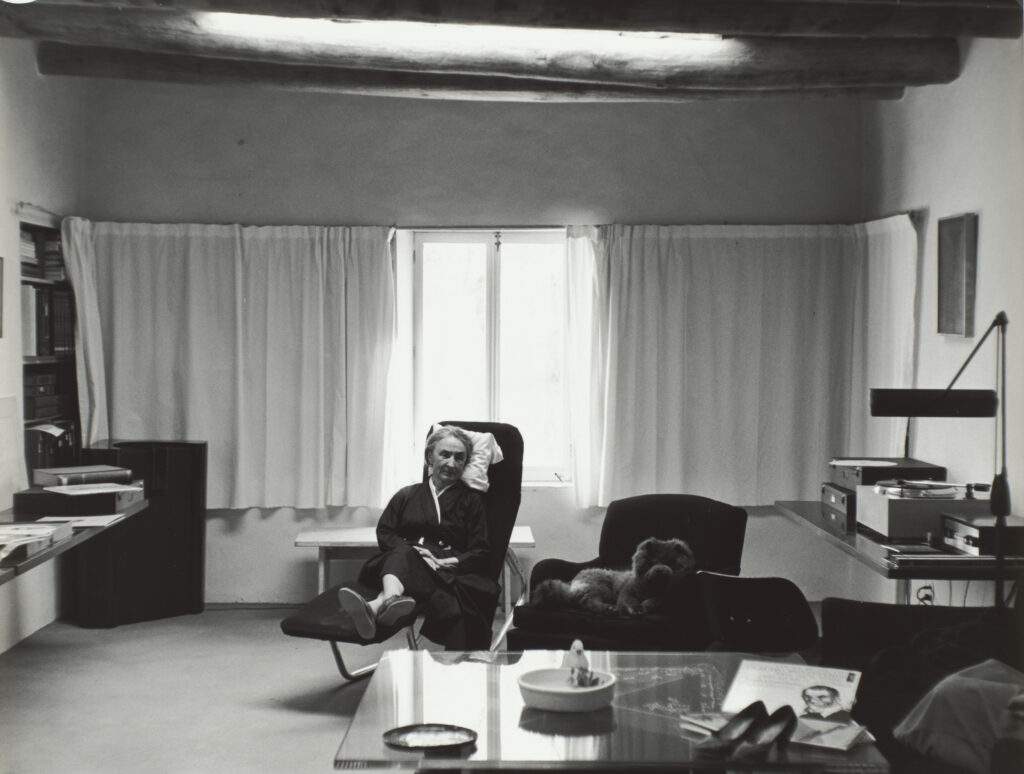 Black and white photograph of O'Keeffe seated in a lounge chair dressed in a black wrap dress with her Hector Aguilar belt, in the middle of a living room, with a wall of white drapes on the back wall, two of which are open right behind her. One of her Chow Chow dogs lies in the chair to her left. In front of them a glass coffee table with a pair of high-heels, plate, and record sleeve. To the right, a detail of a person's legs are visible on the sofa. In the back right, a table with stereo and a large lamp, in the back left a ledge and shelves with papers.