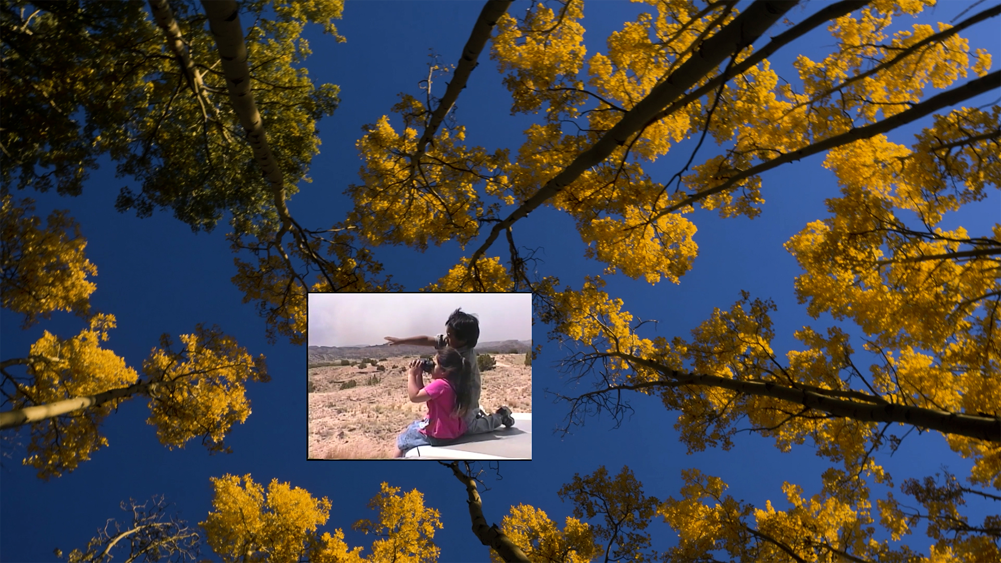 A still from a film depicting aspen trees with golden foliage shot from below against a blue sky. Superimposed on-top is an image of two small children pointing and looking at something in the distance against a desert background.