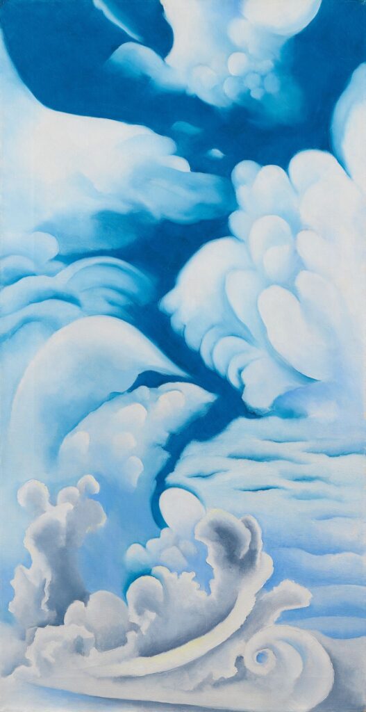 Delicate, swirling clouds fill the frame. A sliver of dark blue sky zigzags down the center of the painting.