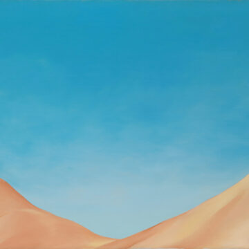O'Keeffe describes this painting as " just the arms of two red hills reaching out to the sky holding it." This painting can be viewed as an organic abstraction contemplating the intersection of an expansive flat of blue sky and the V shape of the sandy red hills below.