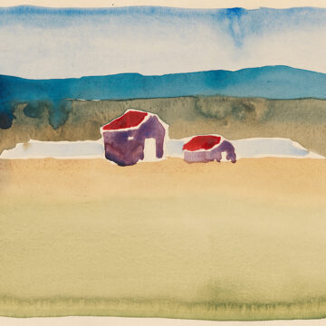 Watercolor sketch of houses and landscape. There are two houses, the one that is slightly larger is located closer to the left side of the paper, the smaller house is closer to the right side of the paper. The walls of the houses are purple and the roofs are red. The houses are situated slightly above the center of the paper and the front of the paper is dominated by an expanse of light green which fades to yellow as it gets nearer to the houses. In the background, behind the houses, there are dark blue mountains. There is a strip of sky which is white, tinged with blue around the edges of the paper.