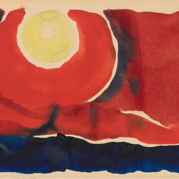 Horizontal watercolor with yellow circle in upper left corner, surrounded by a larger partial circle in vibrant red. The rest of the page is filled out with red, and a stripe of dark blue along the bottom edge