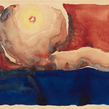 Watercolor of a reddish sky dominated by the glow of a star, over a dark blue landscape. The entire pictorial surface is filled with bleeding bands of fluid blue and red hues, which radiate outward from a pale yellow star in the upper left of the composition.