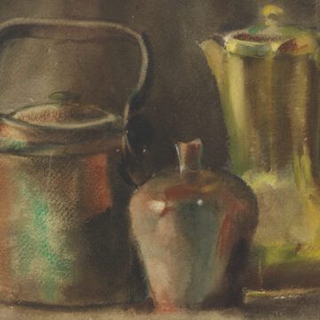 Still life grouping of tea pot, small canister in foreground and coffee pot on view's right. Muted pallet of greys and greens in horizontal format.