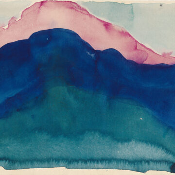 Horizontal watercolor of a deep blue rounded hill shape, echoed in pink directly above. The blue covers most of the paper, bleeding down to lighter hues towards the bottom. The pink is only a strip of color along the top, with the background filled by a pale blue wash.