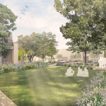 Rendering showing a few buildings with walkways, gardens, and a green lawn between them. Light shadows of people standing on the walkways and sitting in the grass give a sense of scale.