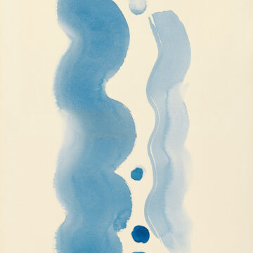 A thick curving line runs vertically down the left side of the paper. A thinner, lighter line curves vertically down the right side. Five round spots of paint lie in between the two lines.