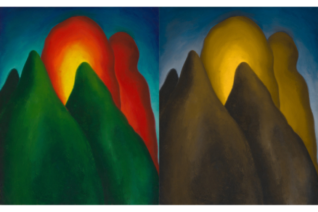 Left: Three conical green trees rise up from the base of the work and extend into the central and left portions of the piece. In the center of the image, a rounded tree with a yellowish center emerges above the green trees. Behind the central red tree and to the right, a narrower, rounded red tree can also be seen. The sky, visible in the upper corners of the work, is a dark blue. Right: A version of the same painting but where the green and red pigments are muted into golden brown.