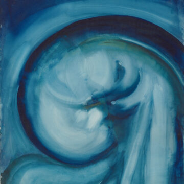 Large blue spiral of fluid strokes folding inward on itself that dominates the page. Varying tones of blue from washed light to deep almost black that form one gentle sweeping wave.