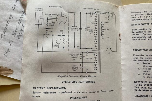 A close-up photograph of instructions for maintenance and repair of the the Victoreen Fallout Detection Meter. Behind are barely visible handwritten notes.