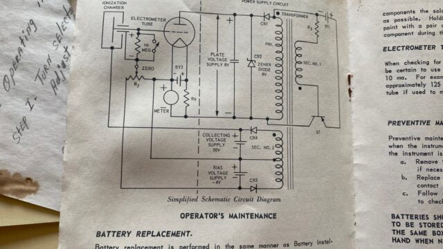 A close-up photograph of instructions for maintenance and repair of the the Victoreen Fallout Detection Meter. Behind are barely visible handwritten notes.