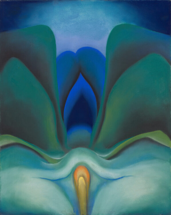Vertical pastel of rich blue and green tones in bulbous, rounded shapes. At the bottom center rises a small yellow light-bulb shape, hooded and surrounded by greenish white and blue. Above this symmetrically on either side of a deep blue center are two sets of large green rounded shapes that fan upwards and outwards. In the middle is an ogre arch shape in blue, with a very dark blackish center.