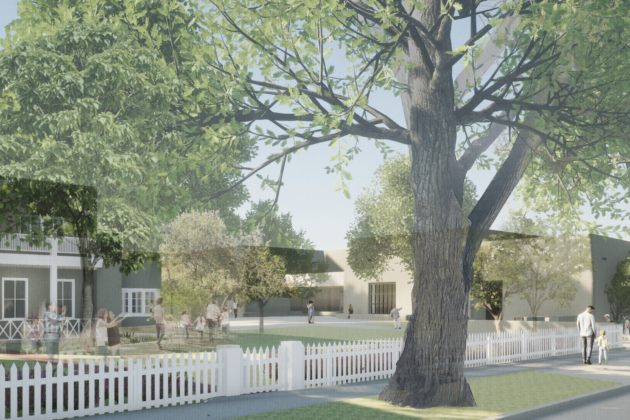 A digital rendering showing a two-story building with balcony and fence on the left and a large adobe building, which would be the new O'Keeffe, on the right. Large trees line the sidewalk at the forefront of the image and small trees are interspersed between both buildings. Rough renderings of people outside populate the space between the two buildings.