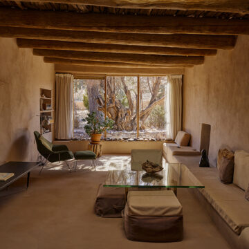 View of a living room designed in beige tones with a chaise lounge and low seat cushions. A large window at the end of the room shows a wide tree trunk and branches.