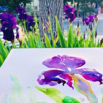 Open notebook of displaying a watercolor iris flower. Natural irises are in the background