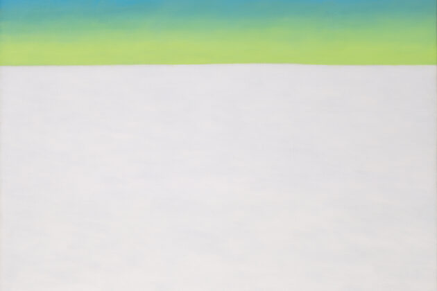 Much of this work is filled by a flat, white cloud. A band of yellow rests atop the cloud, and a band of blue rises above the yellow.