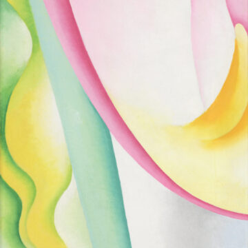 Oil on canvas. A close-up, abstracted view of a tulip's petals. A soft pink form arches from the center right to the top left of the composition. The bottom of this form fades from pink to white to yellow, echoing the color and shape of the center of a tulip. In the background of the image are rippling lines of bright yellow, white, and green along with strips of light green and white that extend diagonally from the bottom to the top left of the canvas.