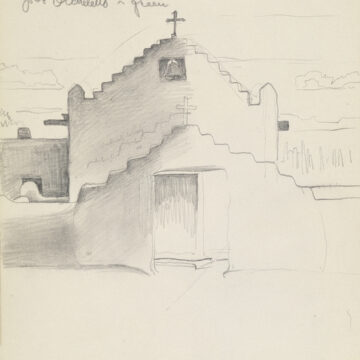 A sketch of a building, appears to be a church, with shading, and a cross on the peak. Three lines of handwriting are in the top left of the paper.