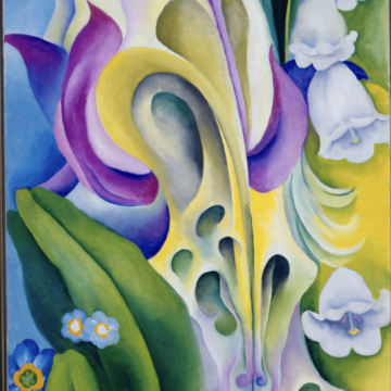 Abstracted painting of purple, white, and blue flowers in swirling details of blue violet, yellow, and green.