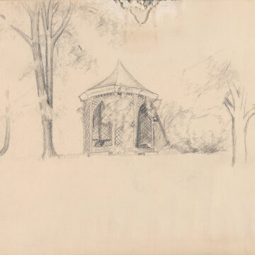 Sketch of a horizon line flanking a small building in the center of the paper are two trees.