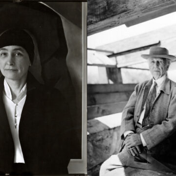 Left: Photograph of Georgia O'Keeffe with a dark scarf around her head, a dark jacket and light button-up shirt standing in front of one of her paintings and smiling slightly at the camera. Right: Portrait of Frank Lloyd Wright in a hat and jacket holding a drafting triangle as he leans against a column.