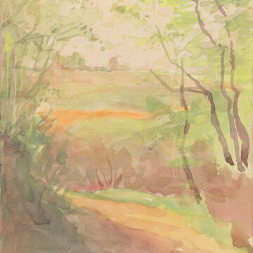A painting of a road winding down a landscape with green trees framing the sides of the road.