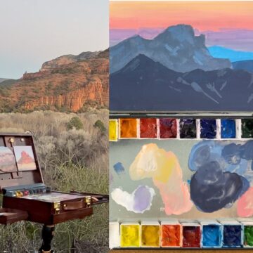 Left: Photograph of a small easel with a painting set in a desert landscape with mountains in the background. Right: A painting of mountains with a sunset. Below is a small painting palette with various shades.