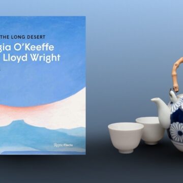 Left: The cover of a book titled 'Through the Long Desert: Georgia O'Keeffe and Frank Lloyd Wright'. Right: A teapot with wooden handle and blue and white ceramic with two small white cups